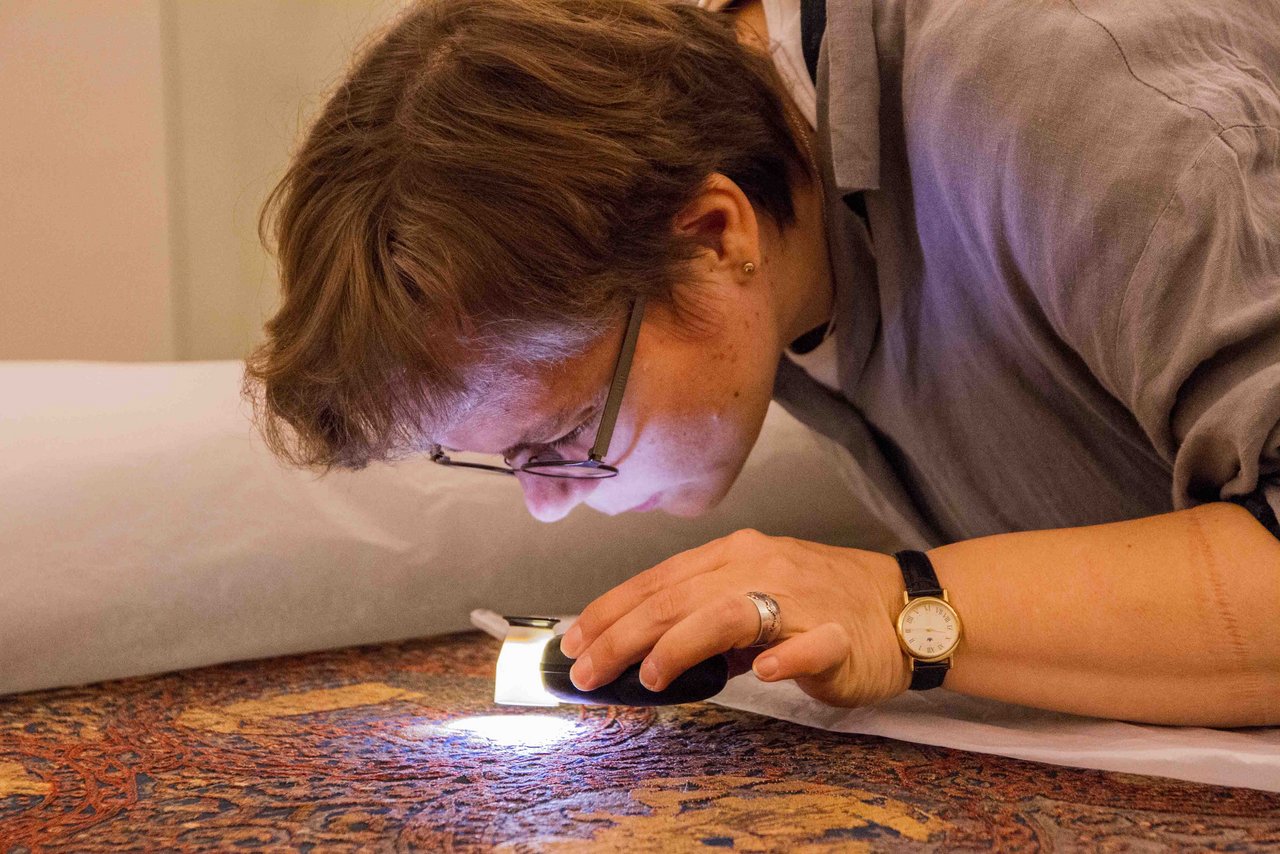 Mit einer Lichtlupe untersucht Tanja Kohwagner-Nikolai den blauen Kunigundenmantel.