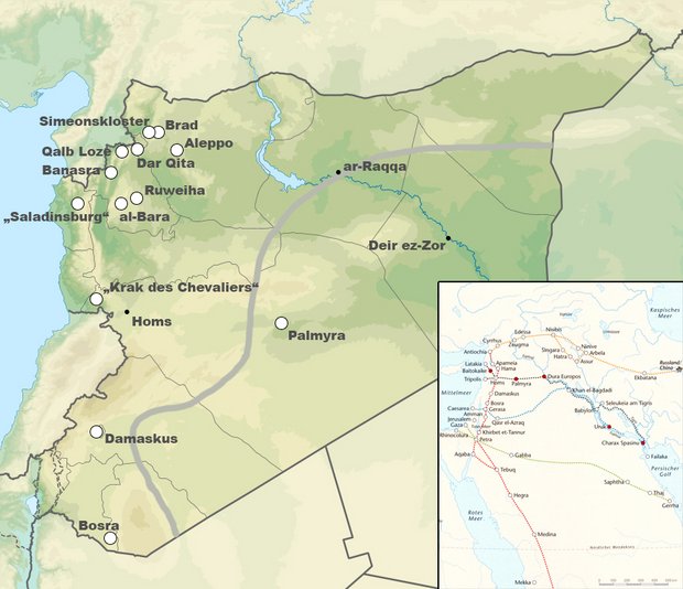 Map of Syria showing the World Heritage Sites and the 200 mm isohyetal boundary of rainfed agriculture (grey).