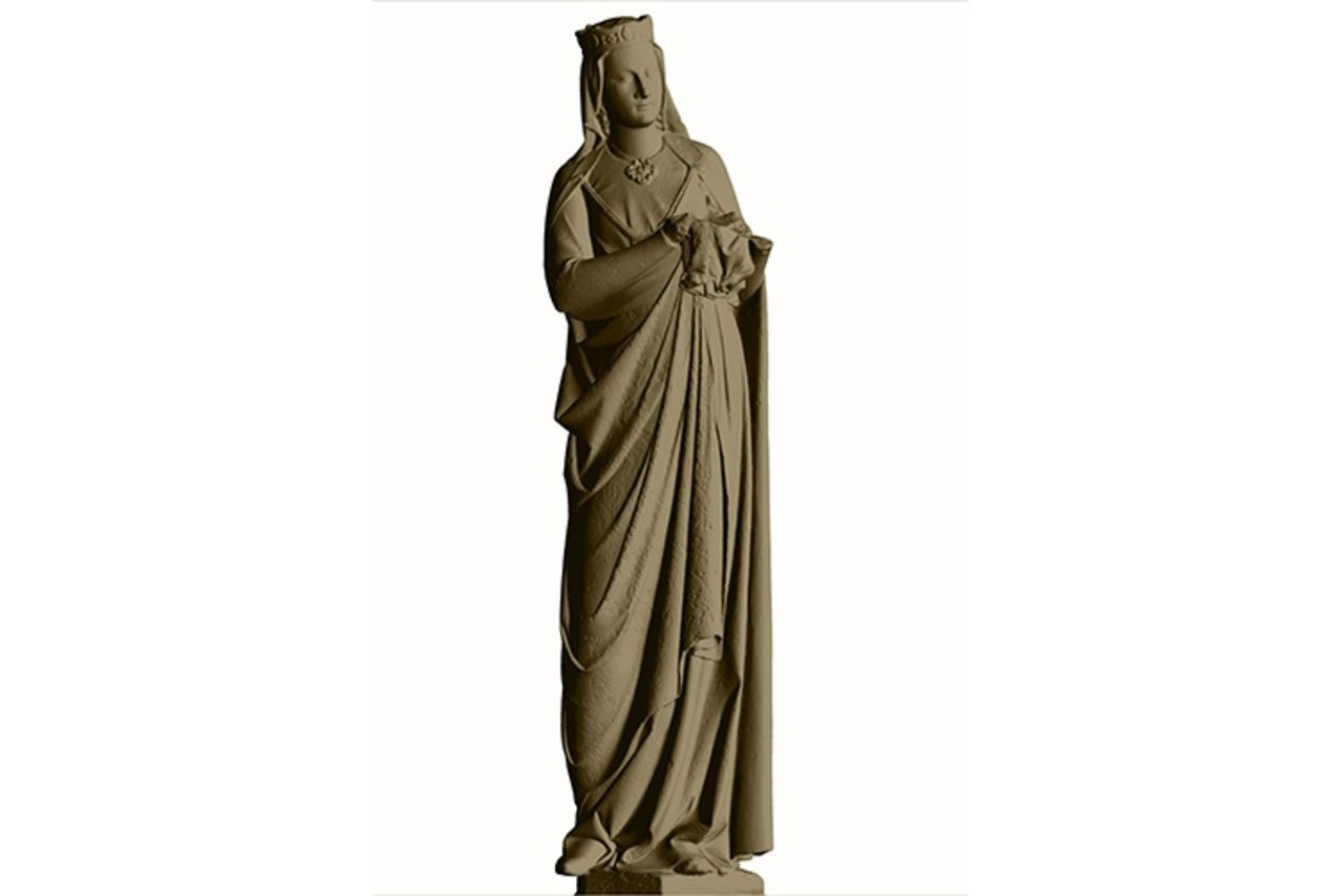 A high-resolution 3D model of the Madonna on the trumeau of the north transept portal of Notre Dame Cathedral in Paris. At the hem of her robe …