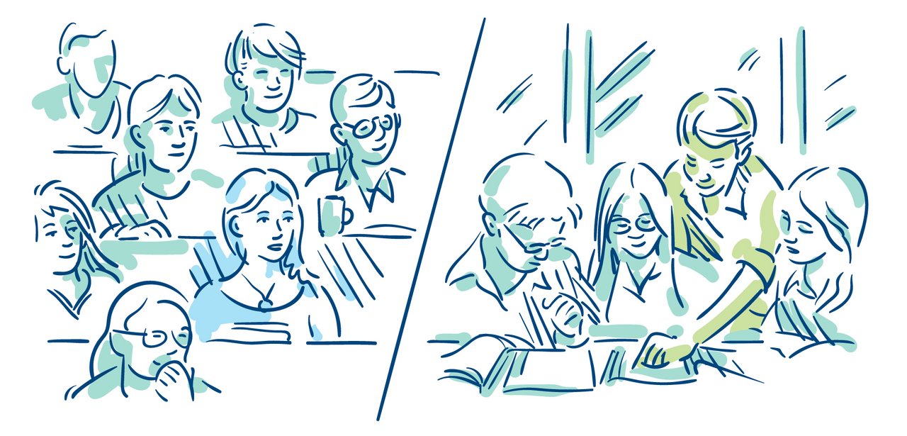 [Translate to English:] Mona sitzt in einer Vorlesung, Roy arbeitet mit Kommilitonen an einem Schreibtisch zusammen.